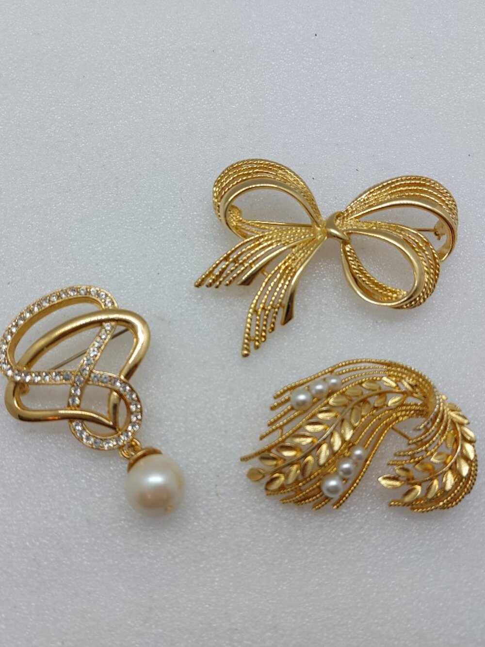 3 Gold Tone Brooch / Pin Leaf Faux Pearl Signed Lisner, Bow, Infinity Design